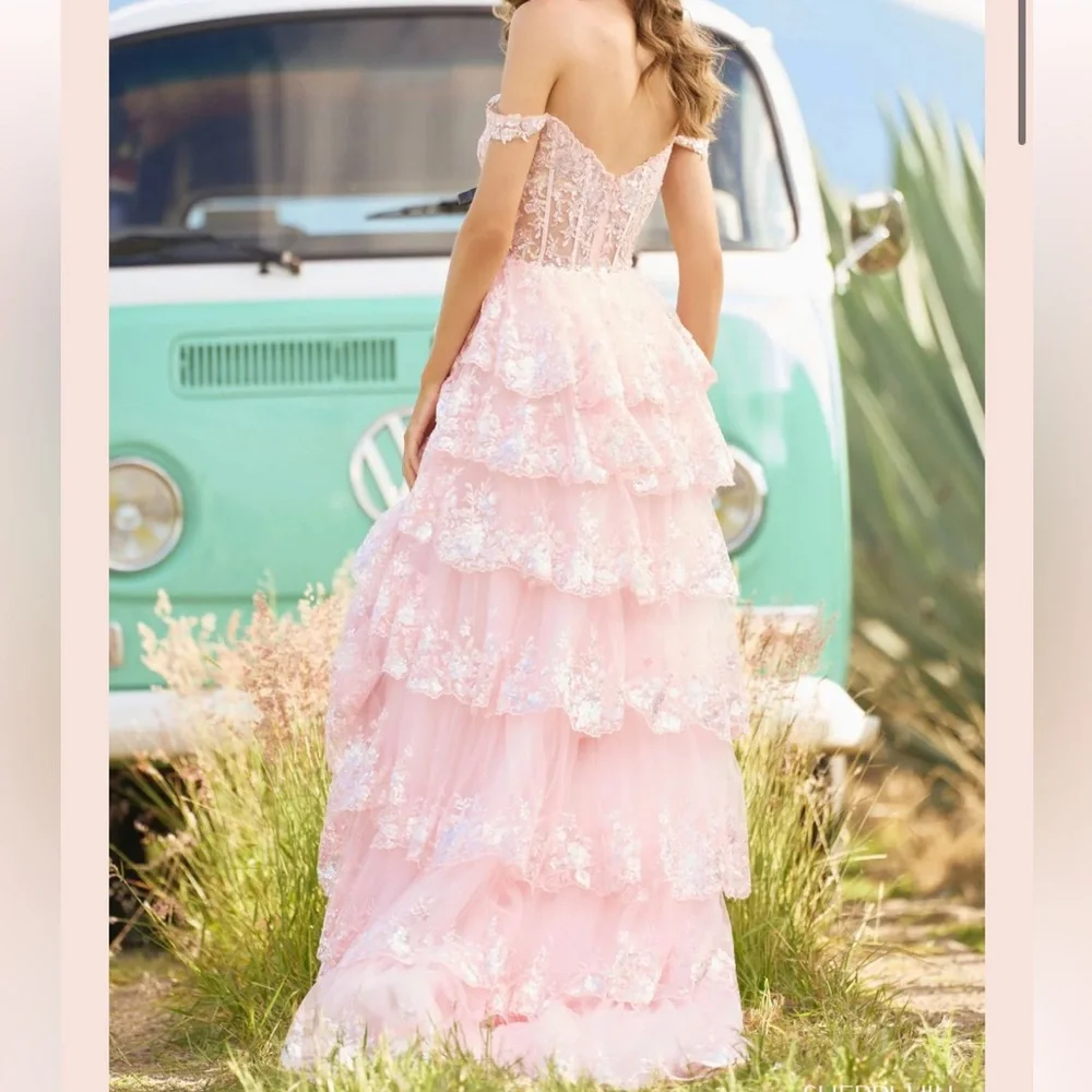 Sherri Hill Blush Pink Lace Off-Shoulder A-Line Tulle Sequin Prom Gown - Picture 5 of 8